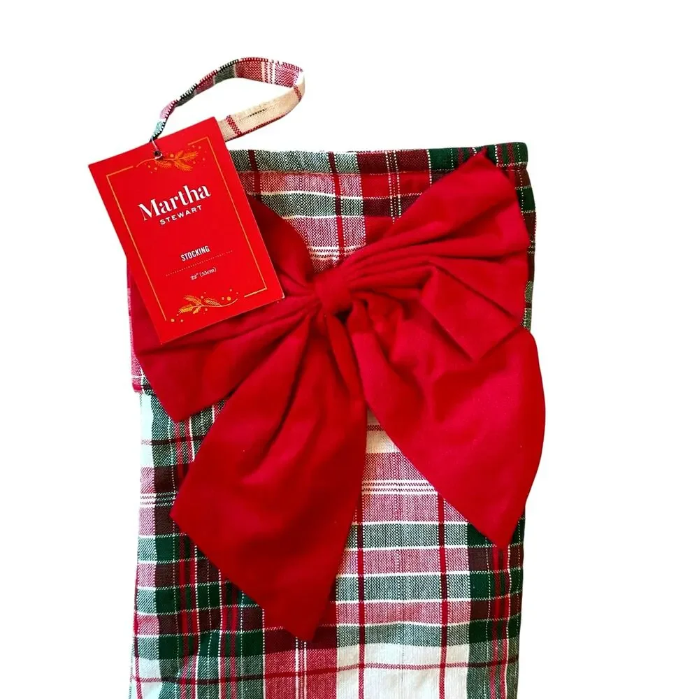 Martha Stewart Bow Tartan Stocking 22in Plaid Christmas Holiday Decor NEW